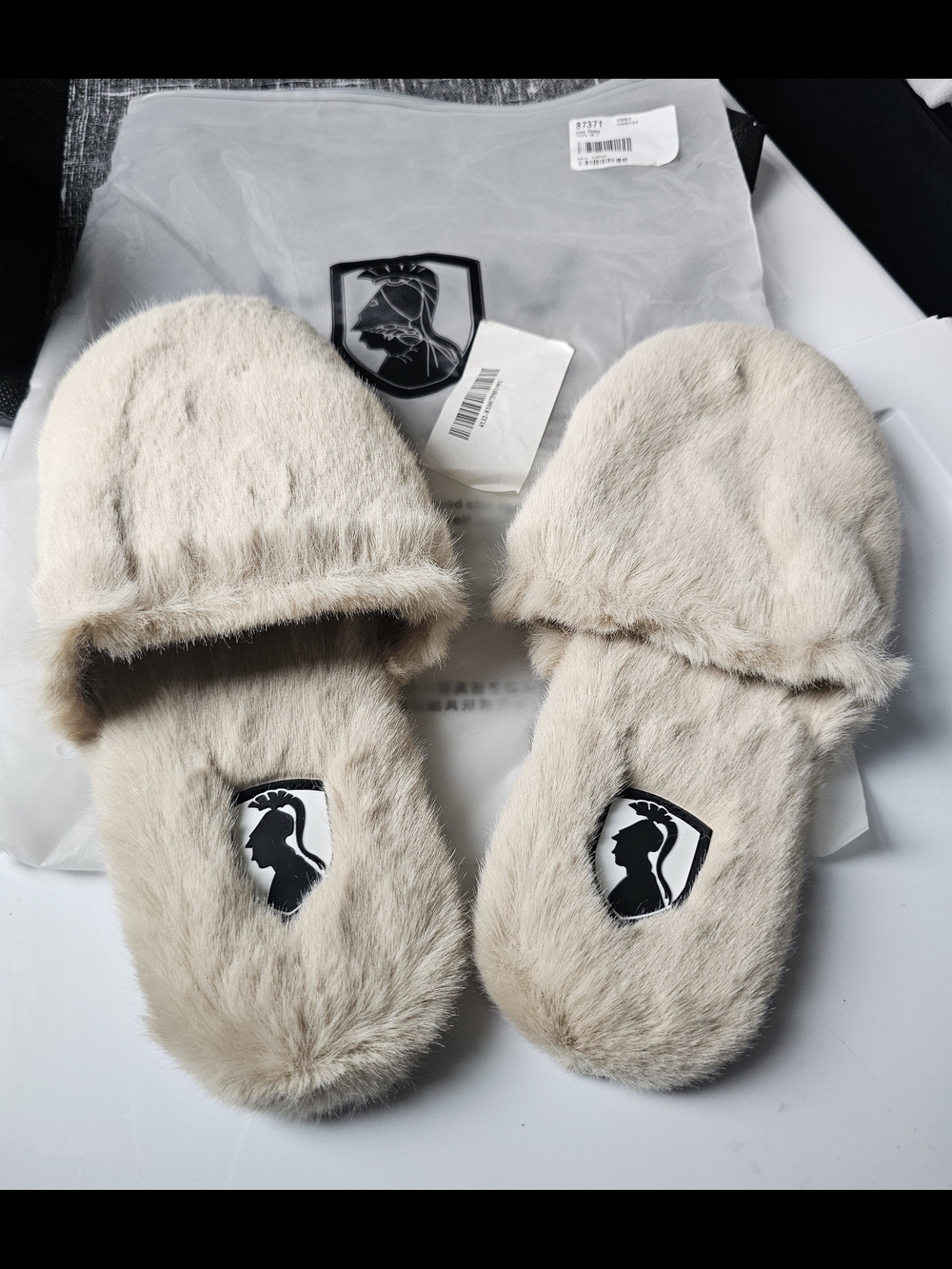 Beige Faux Fur Slide Slippers with Logo NWOT